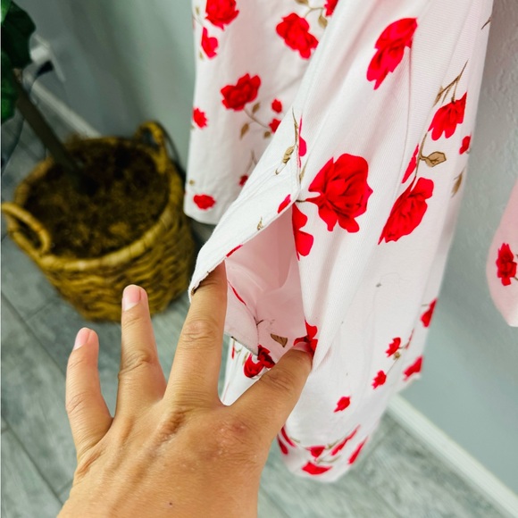 New Red Pink Roses Floral Red and White Fit & Flare Princess Pea Coat - Picture 11 of 11